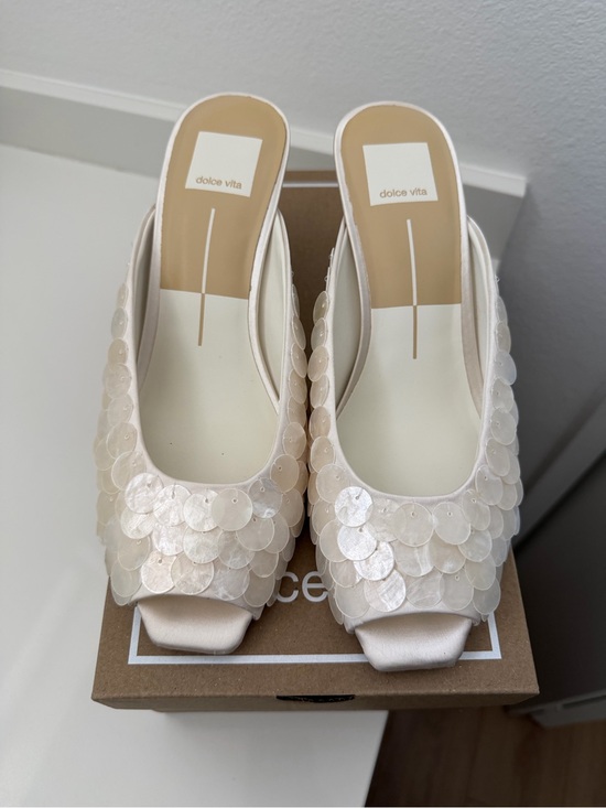 Dolce Vita Shoes - Dolce Vita Samary Confetti Off White Satin Sequin Peep-Toe Slide Mules 7.5